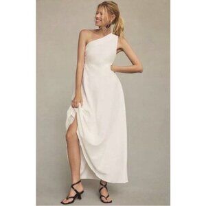 Farm Rio Anthropologie One-Shoulder Linen Smocked A-Line Dress White Size Large